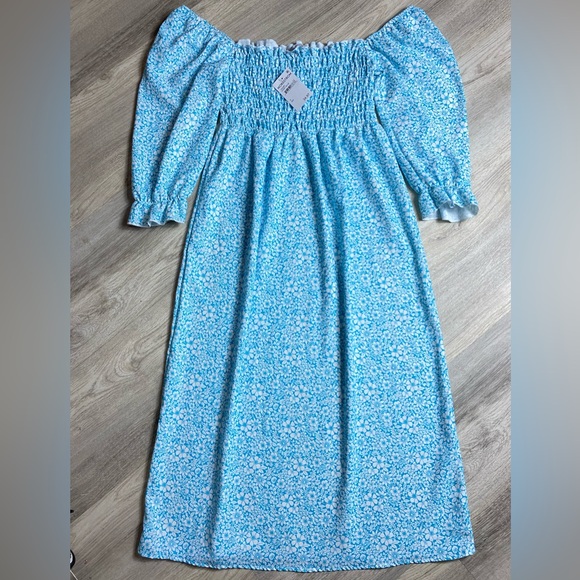 Velvet Torch Midi Smocked Dress Ivory Floral Square Neck Puff 3/4 Sleeve Small - Picture 2 of 12